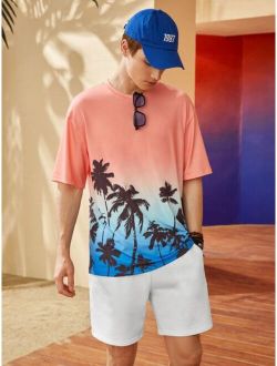 Men Drop Shoulder Coconut Tree Print Ombre Tee & Track Shorts