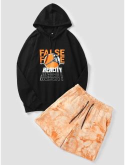 Men Letter Graphic Drawstring Hoodie & Tie Dye Shorts