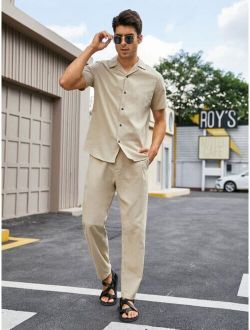 Men Button Front Lapel Collar Shirt With Pants