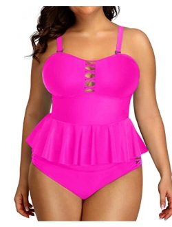 Yonique high waisted Plus Size Swimsuits for Women Tummy Control Two Piece Bathing Suits Peplum Tankini Tops High Waisted Swimwear