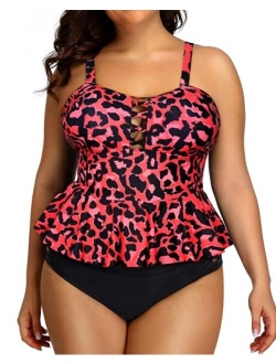 Yonique high waisted Plus Size Swimsuits for Women Tummy Control Two Piece Bathing Suits Peplum Tankini Tops High Waisted Swimwear