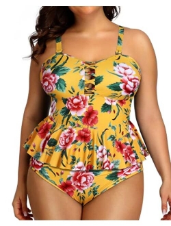 Yonique high waisted Plus Size Swimsuits for Women Tummy Control Two Piece Bathing Suits Peplum Tankini Tops High Waisted Swimwear