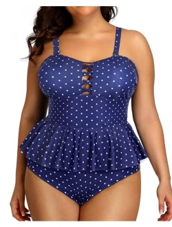 Yonique high waisted Plus Size Swimsuits for Women Tummy Control Two Piece Bathing Suits Peplum Tankini Tops High Waisted Swimwear