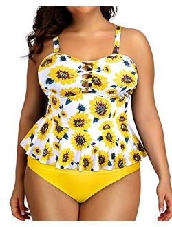 Yonique high waisted Plus Size Swimsuits for Women Tummy Control Two Piece Bathing Suits Peplum Tankini Tops High Waisted Swimwear