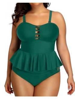 Yonique high waisted Plus Size Swimsuits for Women Tummy Control Two Piece Bathing Suits Peplum Tankini Tops High Waisted Swimwear