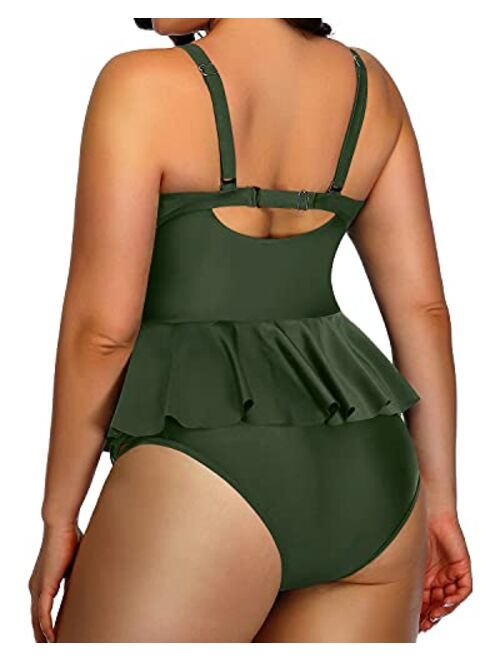 Yonique high waisted Plus Size Swimsuits for Women Tummy Control Two Piece Bathing Suits Peplum Tankini Tops High Waisted Swimwear