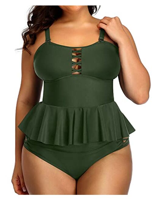 Yonique high waisted Plus Size Swimsuits for Women Tummy Control Two Piece Bathing Suits Peplum Tankini Tops High Waisted Swimwear