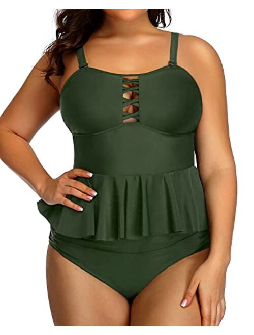 Yonique high waisted Plus Size Swimsuits for Women Tummy Control Two Piece Bathing Suits Peplum Tankini Tops High Waisted Swimwear