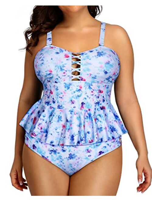 Yonique high waisted Plus Size Swimsuits for Women Tummy Control Two Piece Bathing Suits Peplum Tankini Tops High Waisted Swimwear