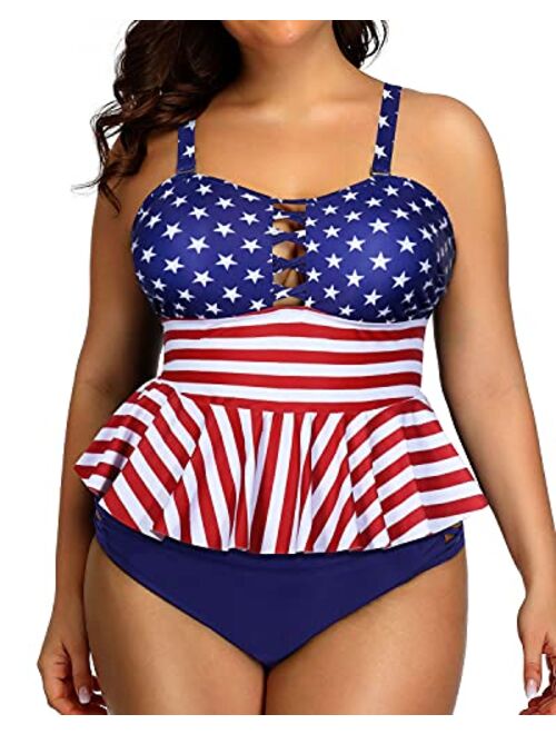 Yonique high waisted Plus Size Swimsuits for Women Tummy Control Two Piece Bathing Suits Peplum Tankini Tops High Waisted Swimwear