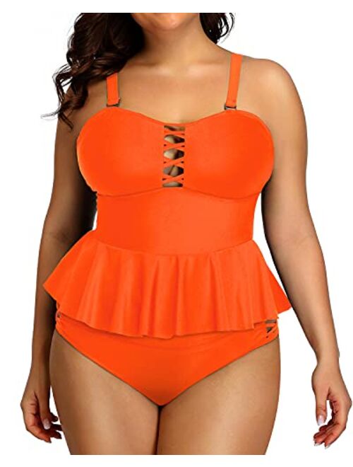 Yonique high waisted Plus Size Swimsuits for Women Tummy Control Two Piece Bathing Suits Peplum Tankini Tops High Waisted Swimwear