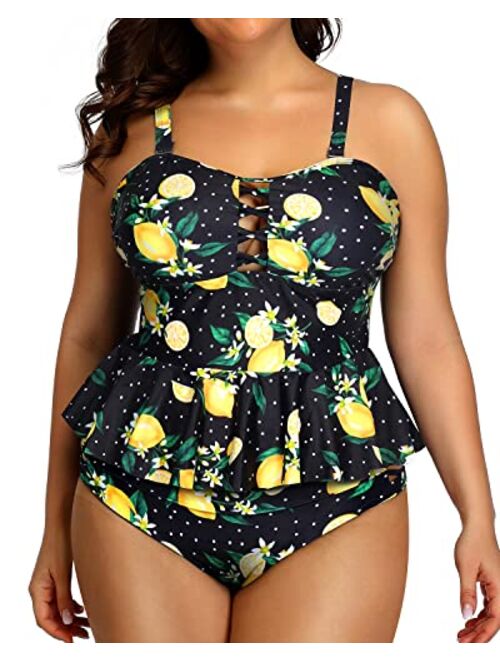 Yonique high waisted Plus Size Swimsuits for Women Tummy Control Two Piece Bathing Suits Peplum Tankini Tops High Waisted Swimwear