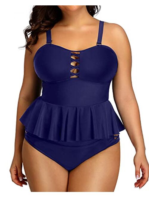 Yonique high waisted Plus Size Swimsuits for Women Tummy Control Two Piece Bathing Suits Peplum Tankini Tops High Waisted Swimwear