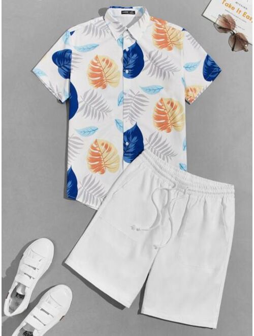 SHEIN Men Tropical Print Shirt & Drawstring Waist Shorts Set