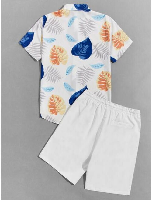 SHEIN Men Tropical Print Shirt & Drawstring Waist Shorts Set