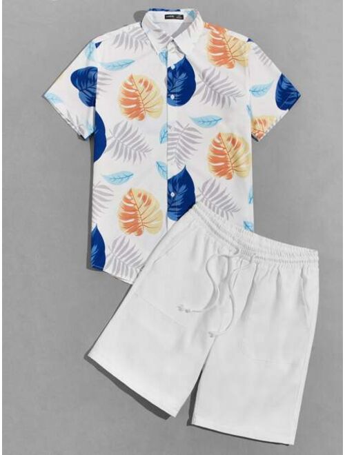 SHEIN Men Tropical Print Shirt & Drawstring Waist Shorts Set