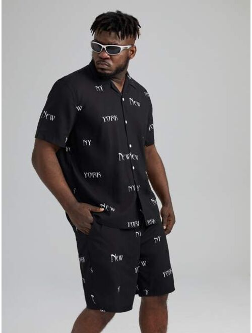 Shein Extended Sizes Men Letter Graphic Shirt & Drawstring Waist Shorts