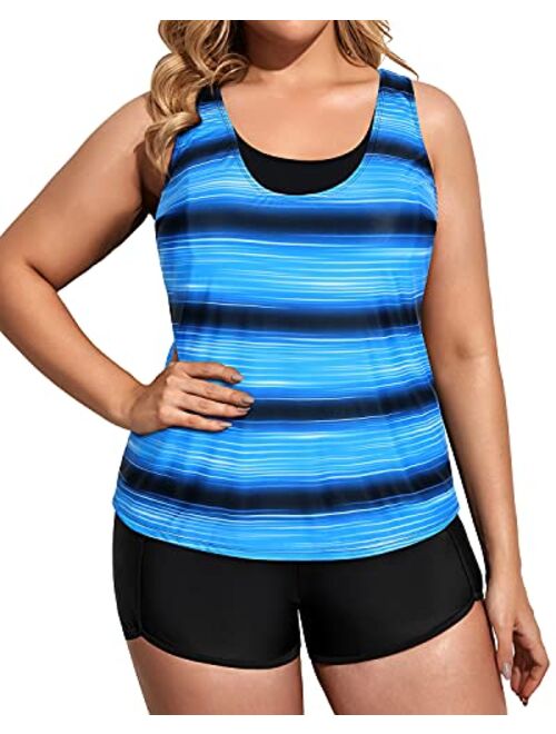 Holipick Women Plus Size 3 Piece Tankini Swimsuits Athletic Bathing Suits with Boy Shorts Tank Top with Sports Bra