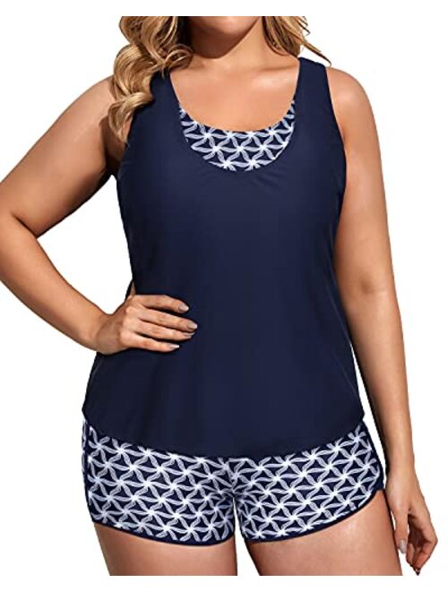 Holipick Women Plus Size 3 Piece Tankini Swimsuits Athletic Bathing Suits with Boy Shorts Tank Top with Sports Bra