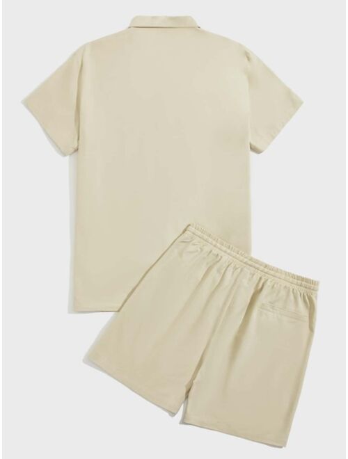 SHEIN Men Solid Lapel Collar Shirt & Drawstring Waist Shorts