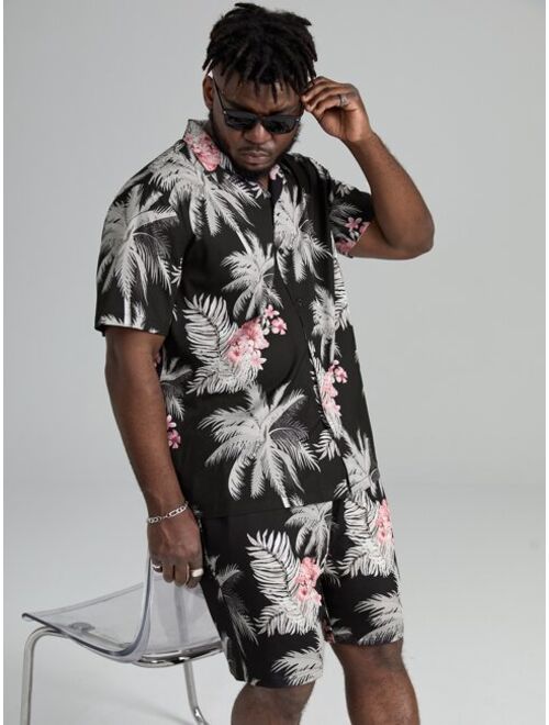 Shein Extended Sizes Men Tropical Print Button Front Top & Shorts