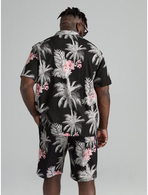 Shein Extended Sizes Men Tropical Print Button Front Top & Shorts