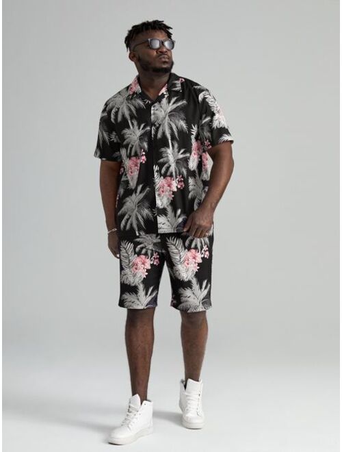 Shein Extended Sizes Men Tropical Print Button Front Top & Shorts