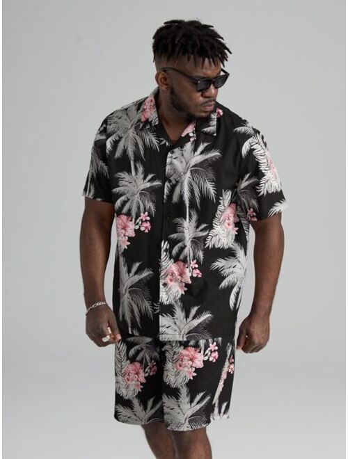 Shein Extended Sizes Men Tropical Print Button Front Top & Shorts