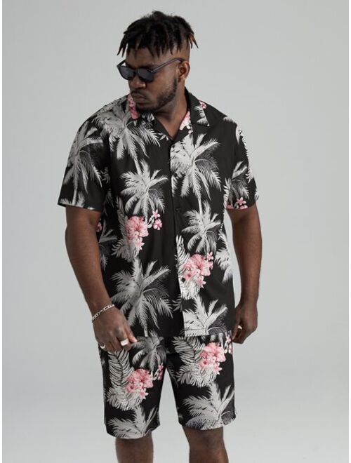 Shein Extended Sizes Men Tropical Print Button Front Top & Shorts