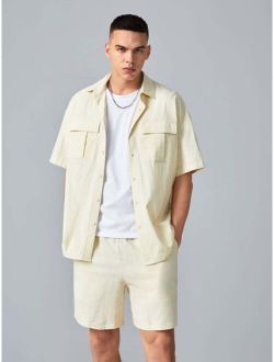 Men Solid Flap Detail Drop Shoulder Shirt & Shorts Set