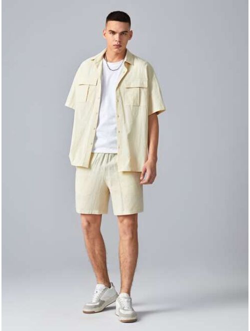 SHEIN Men Solid Flap Detail Drop Shoulder Shirt & Shorts Set