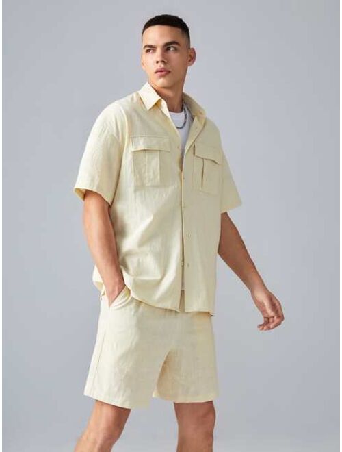 SHEIN Men Solid Flap Detail Drop Shoulder Shirt & Shorts Set