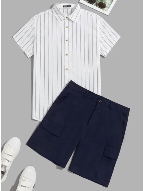 SHEIN Men Striped Shirt & Flap Pocket Shorts Set