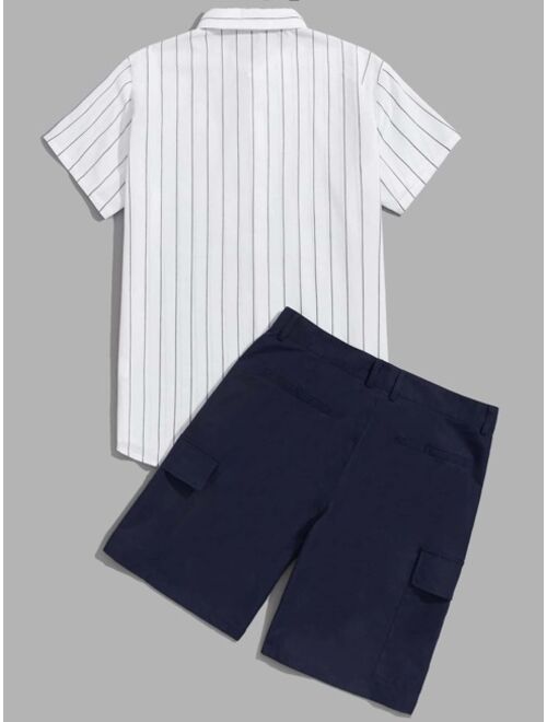 SHEIN Men Striped Shirt & Flap Pocket Shorts Set