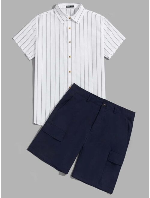 SHEIN Men Striped Shirt & Flap Pocket Shorts Set