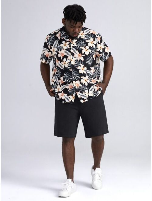 Shein Extended Sizes Men Floral Shirt & Drawstring Shorts Set