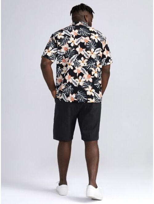 Shein Extended Sizes Men Floral Shirt & Drawstring Shorts Set