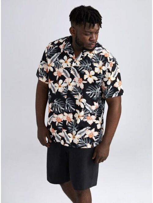 Shein Extended Sizes Men Floral Shirt & Drawstring Shorts Set