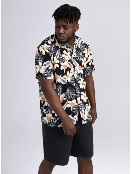 Shein Extended Sizes Men Floral Shirt & Drawstring Shorts Set