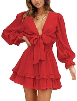 Womens 2022 Spring Deep V Neck Knotted Tiered Chiffon Elegant Mini Short Swing Skater Dresses