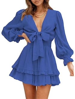 Womens 2022 Spring Deep V Neck Knotted Tiered Chiffon Elegant Mini Short Swing Skater Dresses