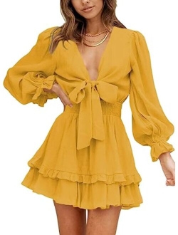 Womens 2022 Spring Deep V Neck Knotted Tiered Chiffon Elegant Mini Short Swing Skater Dresses