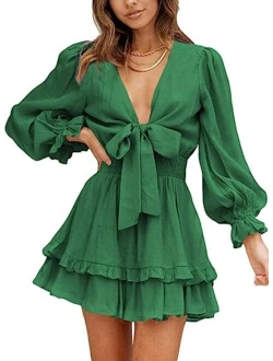 Womens 2022 Spring Deep V Neck Knotted Tiered Chiffon Elegant Mini Short Swing Skater Dresses