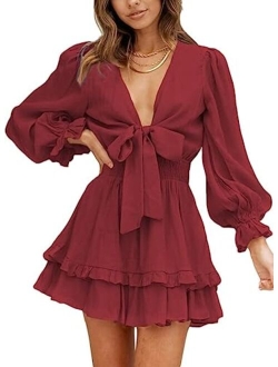 Womens 2022 Spring Deep V Neck Knotted Tiered Chiffon Elegant Mini Short Swing Skater Dresses