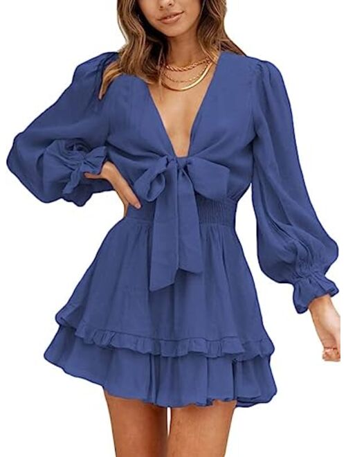 Dokotoo Womens 2022 Spring Deep V Neck Knotted Tiered Chiffon Elegant Mini Short Swing Skater Dresses