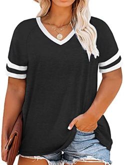 VISLILY Womens Plus-Size Tops Summer V Neck T Shirts Striped Short Sleeve Tee