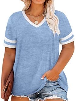 VISLILY Womens Plus-Size Tops Summer V Neck T Shirts Striped Short Sleeve Tee