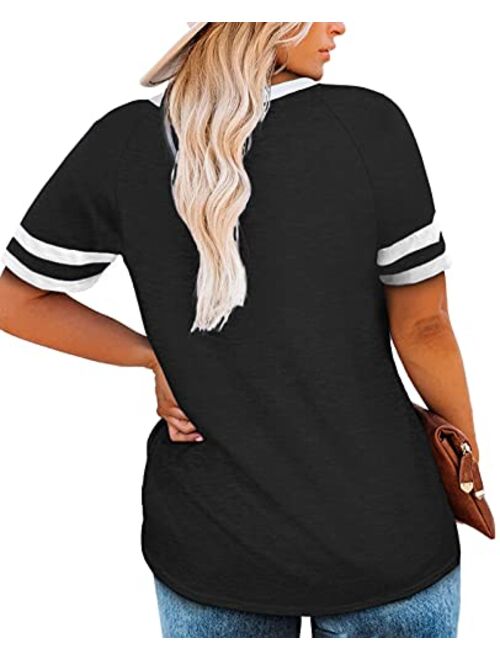 VISLILY Womens Plus-Size Tops Summer V Neck T Shirts Striped Short Sleeve Tee