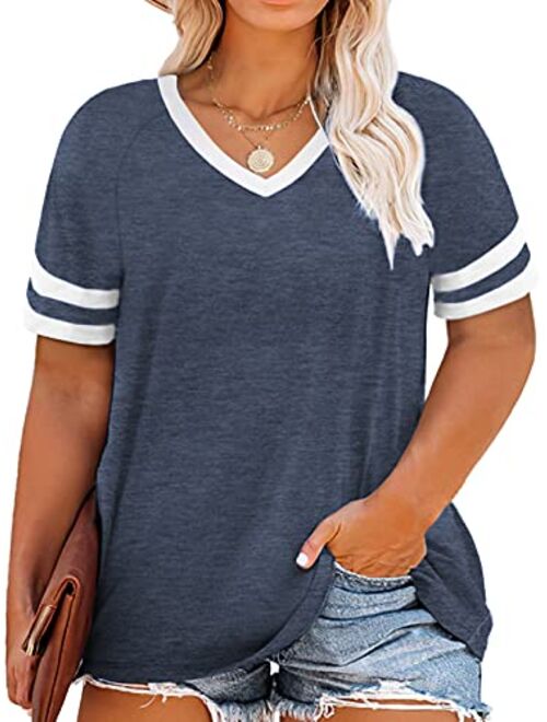 VISLILY Womens Plus-Size Tops Summer V Neck T Shirts Striped Short Sleeve Tee