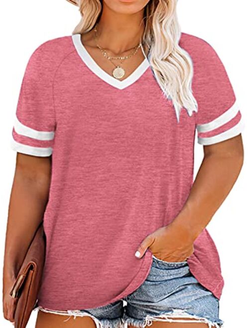 VISLILY Womens Plus-Size Tops Summer V Neck T Shirts Striped Short Sleeve Tee